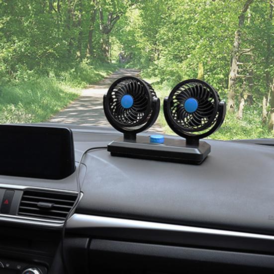 Car Fan 12V Dual Head 360 Degree Rotatable Electric Fan Dashboard Cooling Air Circulation Fan for Sedan SUV RV Low Noise 2 Speed Auto Fan