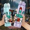 1PC Desert Cactus Scene Pattern 750ml Color Plastic Sports Water Bottle Leakproof Flip Straw Lid Suitable for Sports Office Home Use