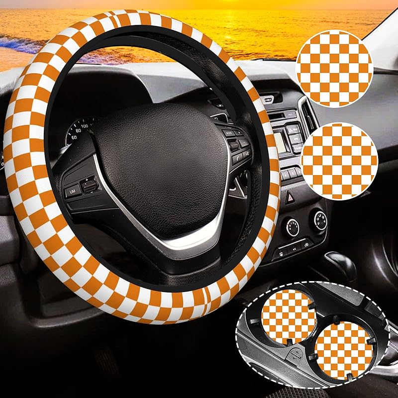 Khaki Checkered Steering Wheel Cover For Women,Universal Auto Steering Wheel 14-15 Inch Car Interior Accessories With 2PCS Car Coasters,Suitable For