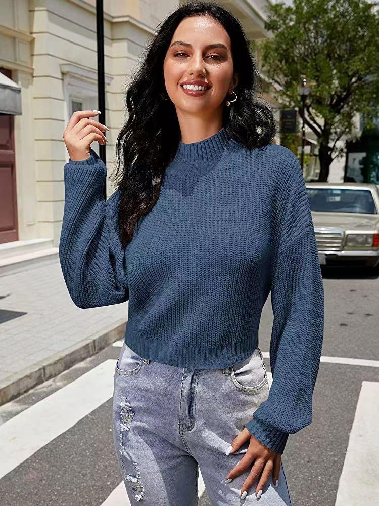 European and American Lantern Sleeve Sweater Autumn and Winter New Solid Color Versatile Fashion Semi-turtleneck Short Sweater Women
