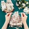 50 Pcs Pack Natural Floral Printed Linen Drawstring Bags White for Jewelry Wedding Decor Rustic Party Favors Gift Bags