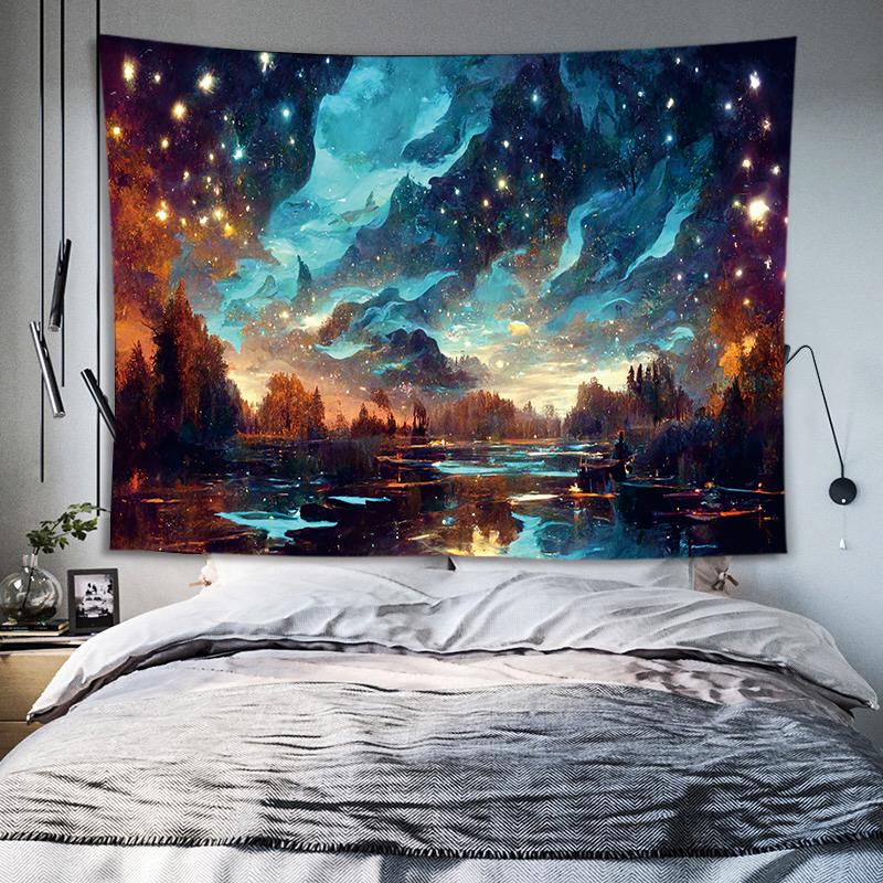 VIKAMA Moonlit Starry Sky Tapestry Wall Hanging Forest Trees Moon Tapestry Room Decoration Living Room Bedroom Aesthetics