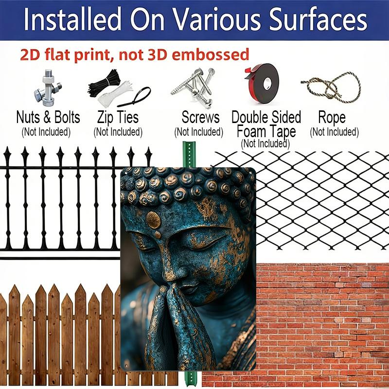 2D Flat, 1pc Vintage Buddha Aluminium Wall Art Sign "Teal Praying Buddha" - 8"x12" Rustic Zen & Spiritual Home Decor, Perfect Gift for Yoga