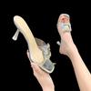 Square head rhinestone high heels sandals women's new slippers summer crystal sandals women's shoes