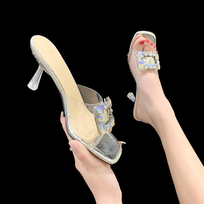 Square head rhinestone high heels sandals women's new slippers summer crystal sandals women's shoes