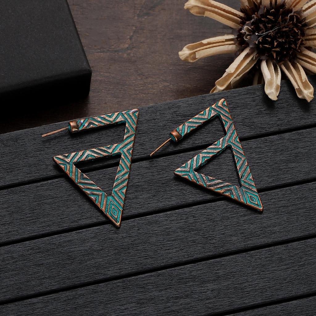 Antique Bronze Metal Earrings Vintage Geometric Round Triangle Dangle Pendientes Earrings Women's Ethnic Indian Jhumka Zircon