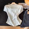 Fake two-piece splicing striped shawl short-sleeved t-shirt women's summer new design waist short top