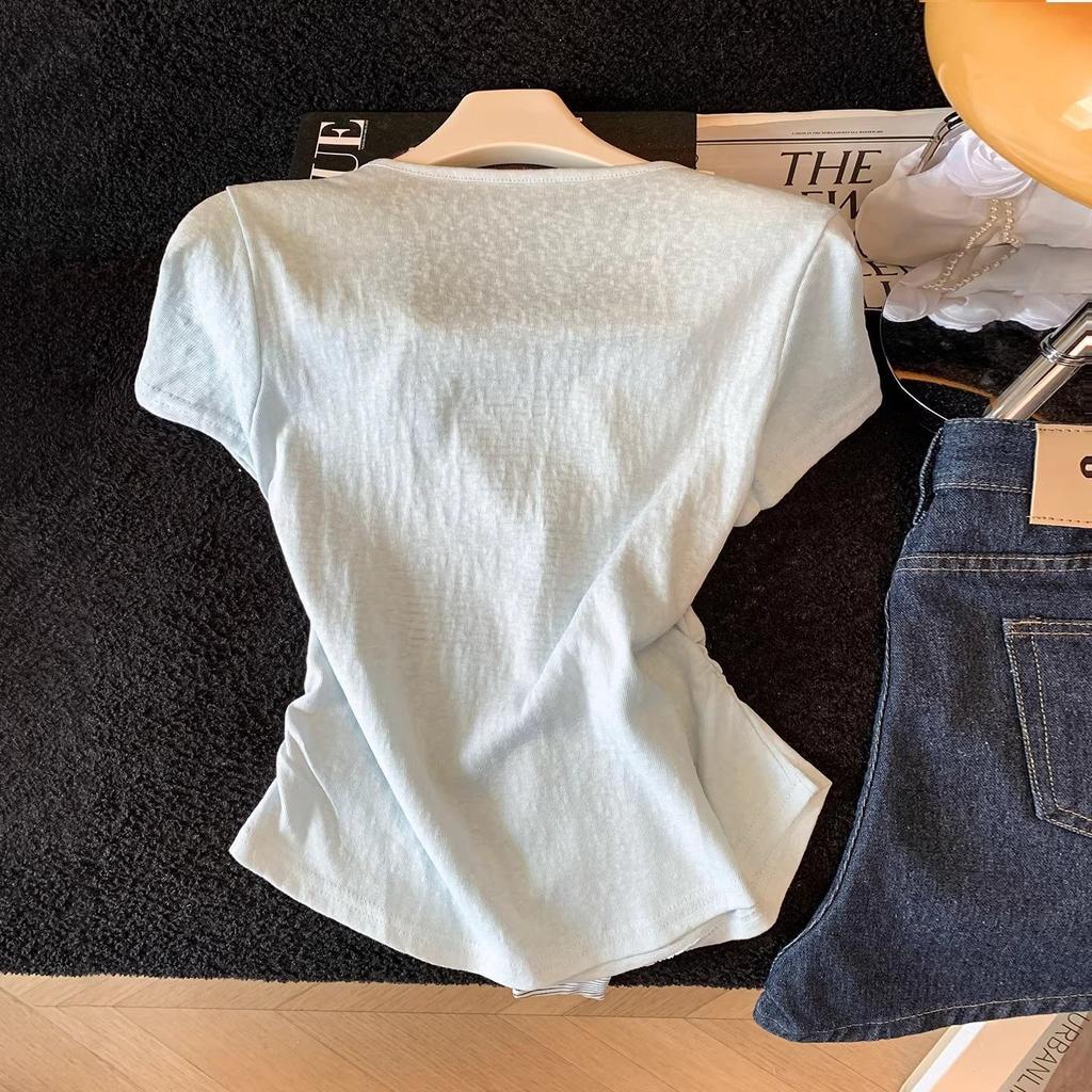 Fake two-piece splicing striped shawl short-sleeved t-shirt women's summer new design waist short top