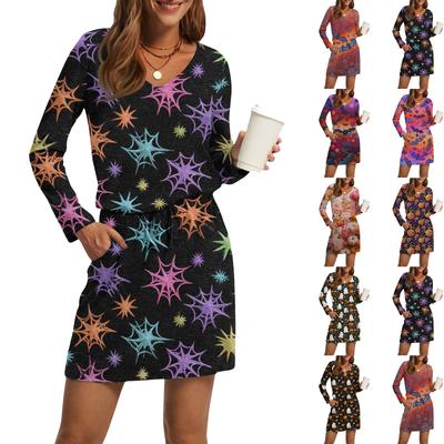 Women's Fashionable V-neck Long Sleeved Drawstring With Pocket Halloween Printed Casual Dress