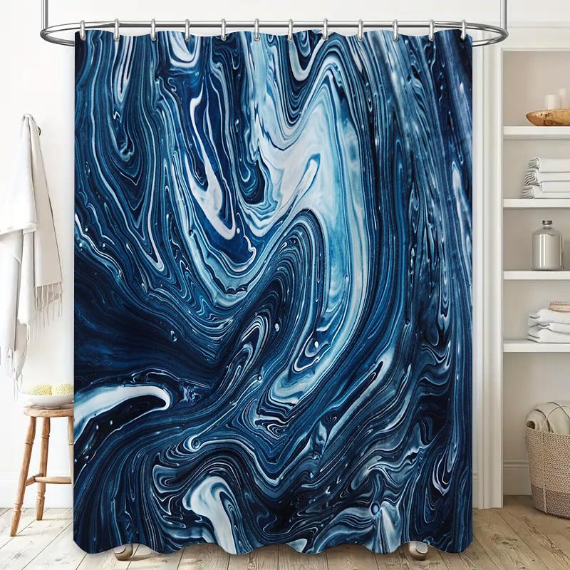 Blue Marble Shower Curtain Waterproof Abstract Art Bathroom Decor Modern Fabric Liner Vintage Grey Stone Pattern Washable Backdr