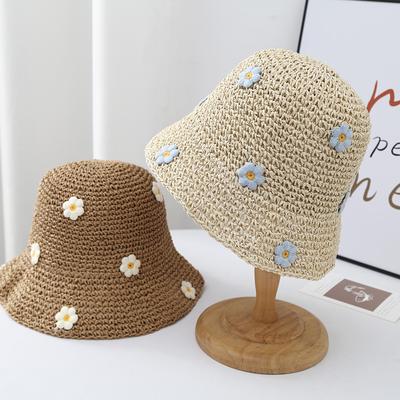 Sweet and Cute Blue Small Flower Grass Hat for Women, Large Eaves, Beach Sunshade, Summer Beach Sunscreen, Small Fresh Fisherman's Hat