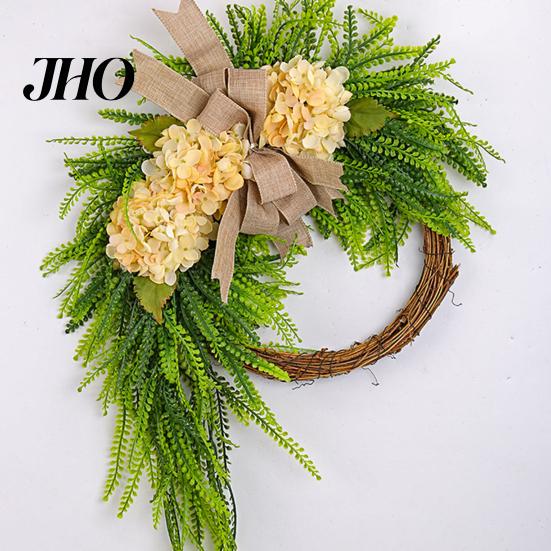 Wedding Gift Garland Artificial Hydrangea Wreath for Front Door 16 Inch Lifelike Floral Seasonal Hanging Decor with Burlap Bow Wall Party Home
