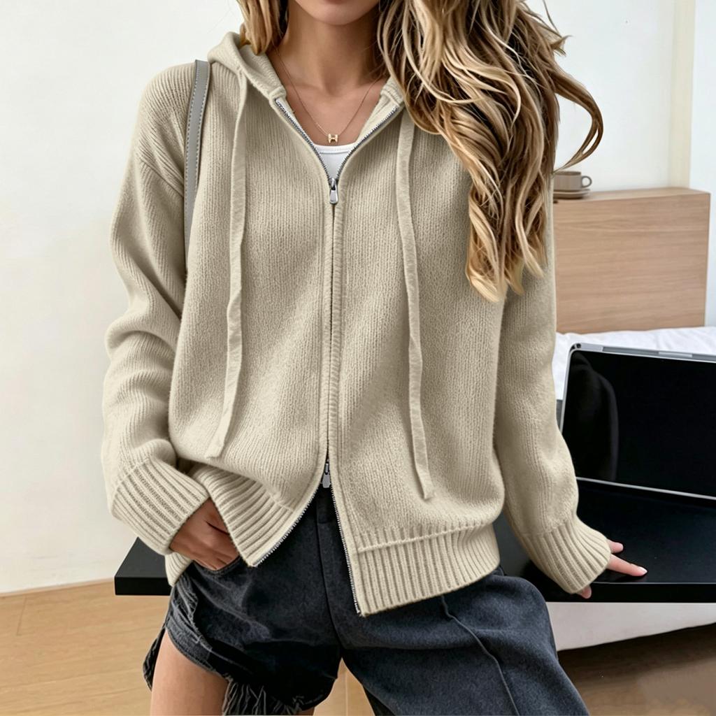 Women's Color Zip-Up Hooded Knit Cardigan Long Sleeve Sweater Jacket
