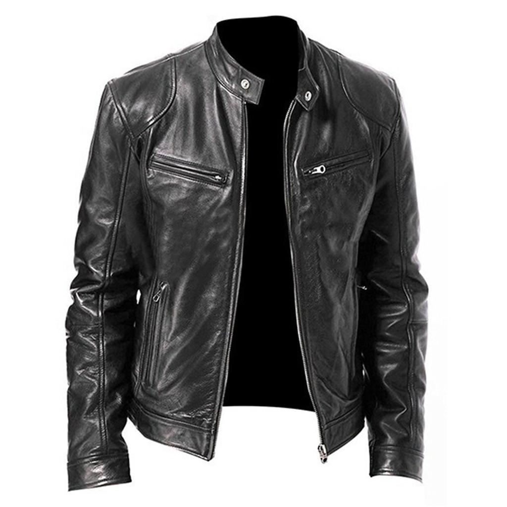 Men Vintage Cool Jacket Leather Long Sleeve  Winter Stand Collar Club Coat