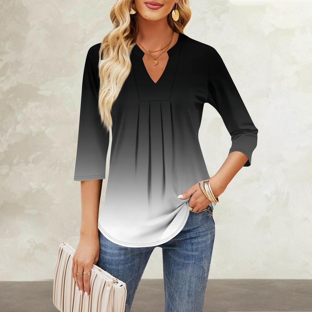 Damen Siebenviertelärmel Tops Lässig V-Ausschnitt Brustrüschen Einfarbig Locker T-Shirt Tops