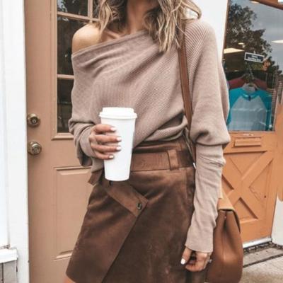 Solid Color Stretchy Women Blouse Sexy Slash Neck Batwing Sleeve Pullover Top Club Wear