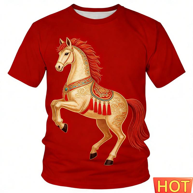 Chinese New Year Horse T-shirt For Men Women 2026 Happy New Year Round Neck Tee Shirts Polyester Family Short Sleeves Red Tops