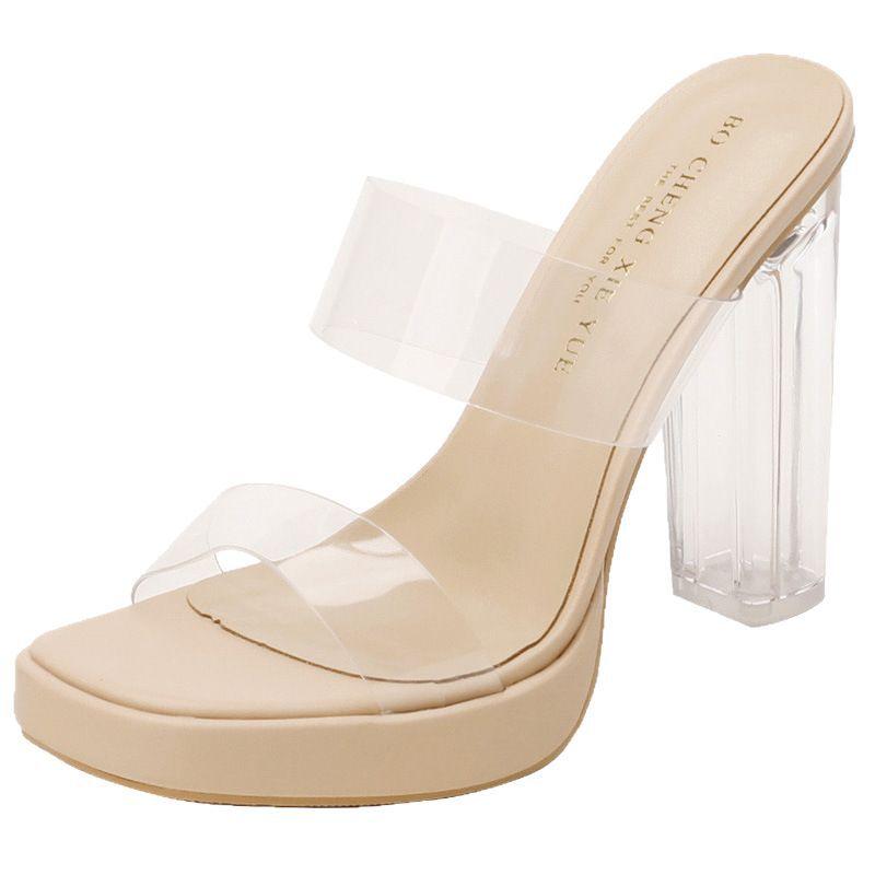 Leather Sheepskin Transparent High-heeled Sandals Women's 2025 New Waterproof Table with Crystal Heel Thick Heel Cool Slippers