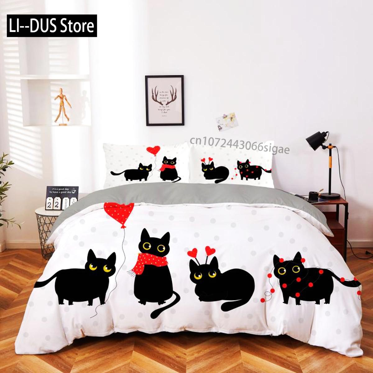 

Comforter Cartoon Cat Microfiber Black Kitten Yellow Love Heart Pattern Bedding Set 2/3Pcs Queen King Size Comforter Comforter (quilt)-EU Single(135*200cm)3pcs