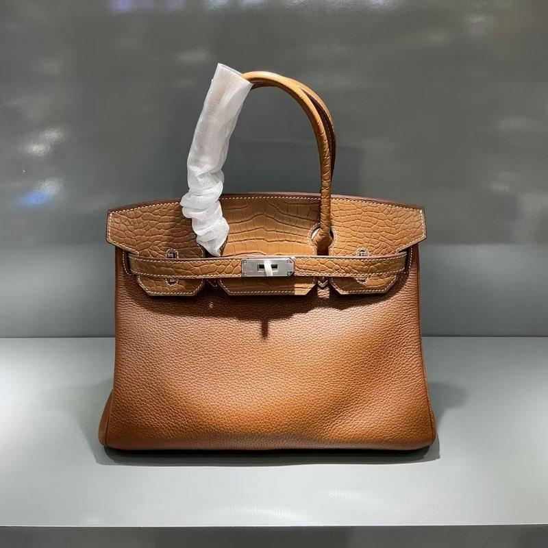 2026 Neue Fubao Leder TOGO Leder mit Mattem Krokodilmuster Echtes Leder Damen Tasche 25/30cm Silberne Schnalle Platin Damen Tasche