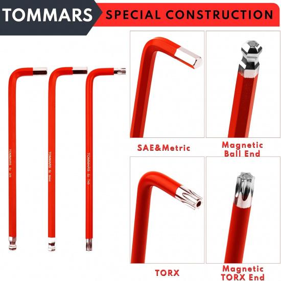 TOMMARS Hex Key Set Magnetic Ball End S2 Steel With T-Handle Hex Key Allen Wrench Set SAE(1/16 -3/8 ) Metric(1.5mm-10mm) TORX(T10-T50)