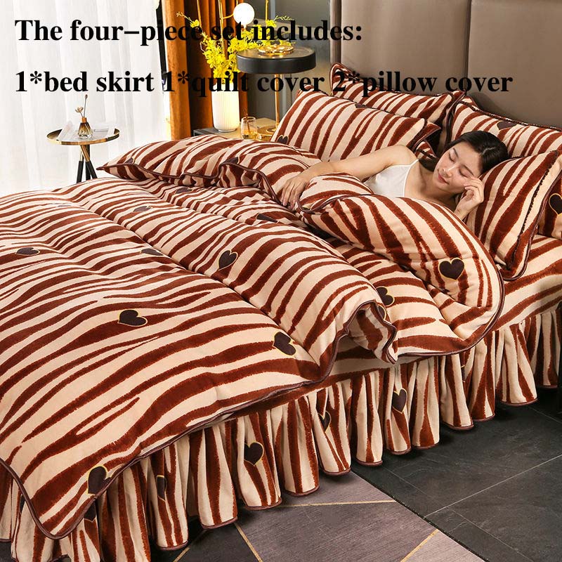 

Молочний оксамит Костюм з чотирьох частин плюс оксамитове потовщення М яка постільна білизна, зручна для шкіри Двостороння оксамитова спідниця для ліжка стійка до брудної зими Queen