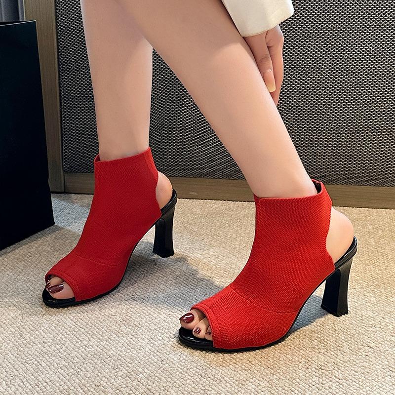 Women's Square Heel Sandals Summer New Round Head Fabric Fabric Anti-slip Wear-resistant High Heels