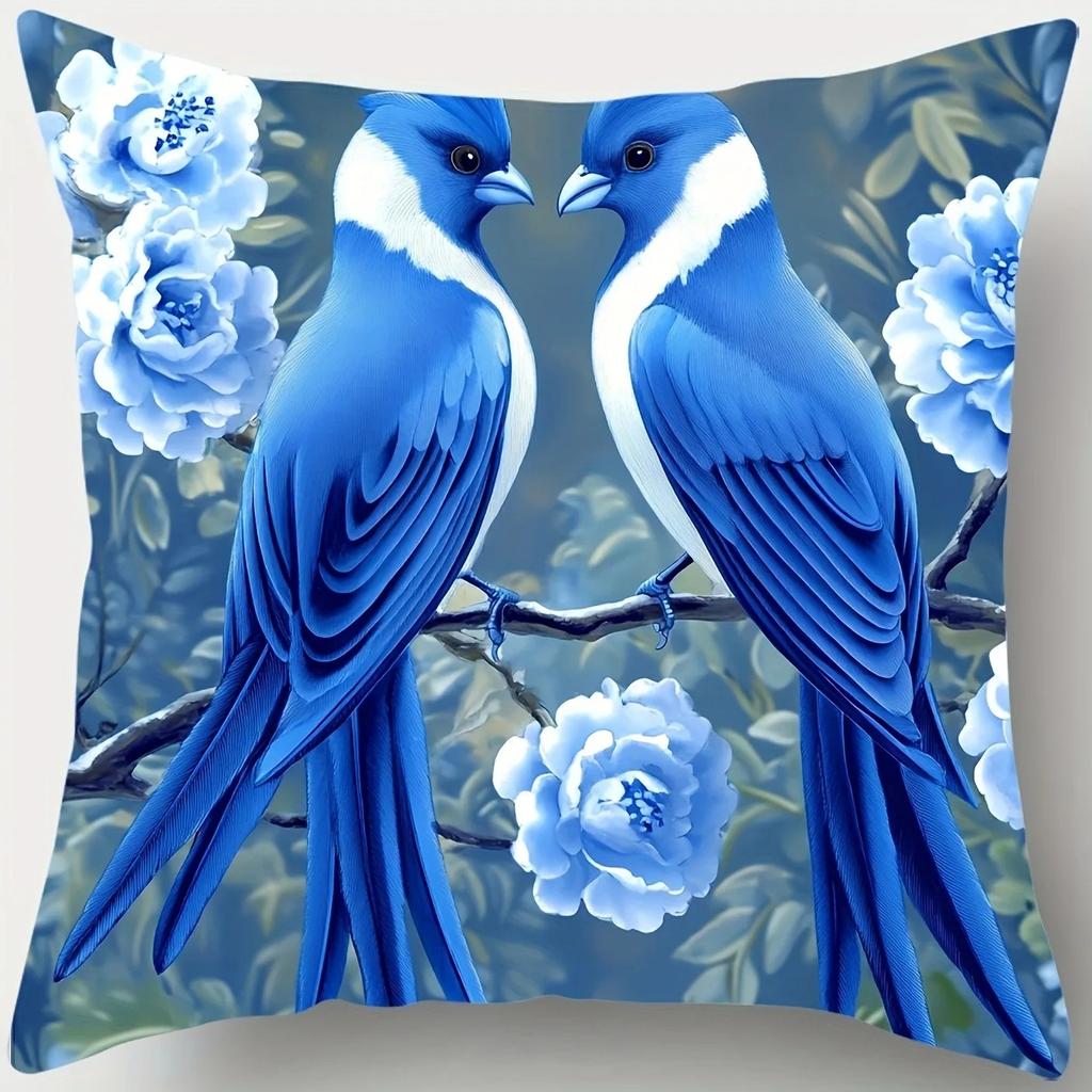 Blauer Vogel und Blumenmuster Kissenbezüge Muster Kissenbezug Geeignet für Sofa Schlafzimmer Auto Kissenbezug