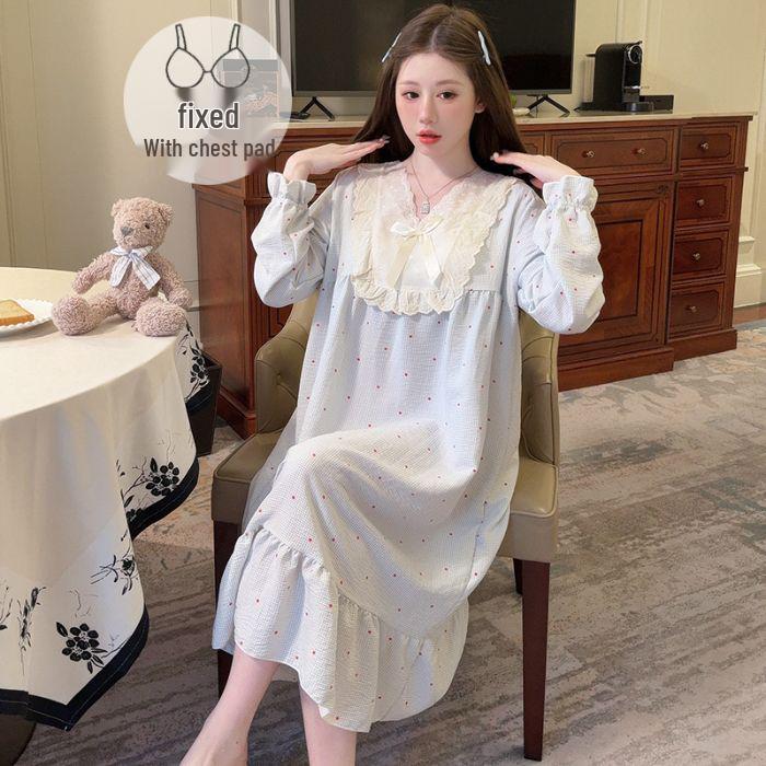 Retro-Blumen-Baumwoll-Nachthemd mit langen Ärmeln & Brustpolstern, Übergröße 220 Jin - Bequem für Frühling & Herbst