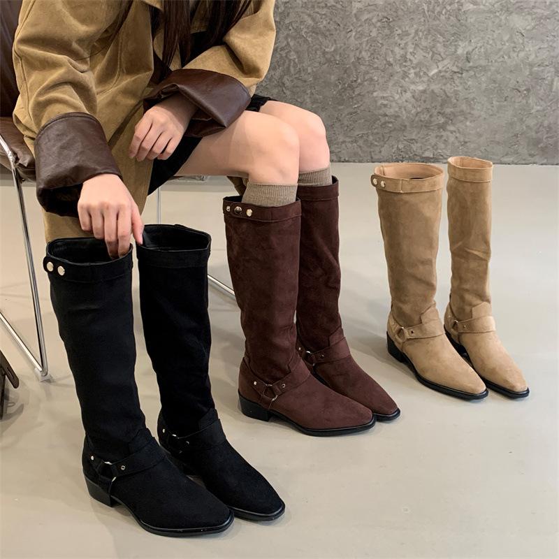 Rich and rich retro Maillard cowboy boots belt buckle thick heel tall boots autumn and winter 2025 new knight boots