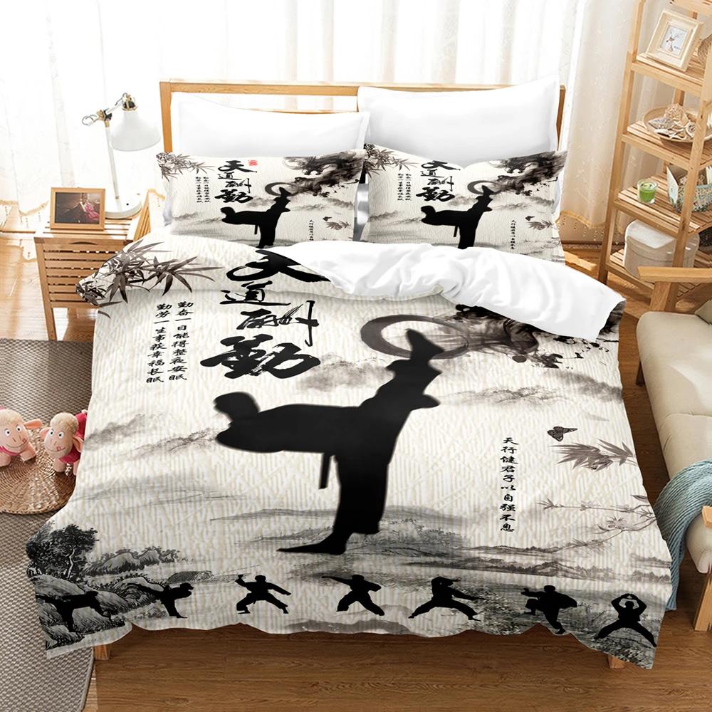 Chinese Kungfu Duvet Cover Black Cartoon Martial Artist Silhouette for Adult Teens Boys China Cultural Theme Bedroom Decoration