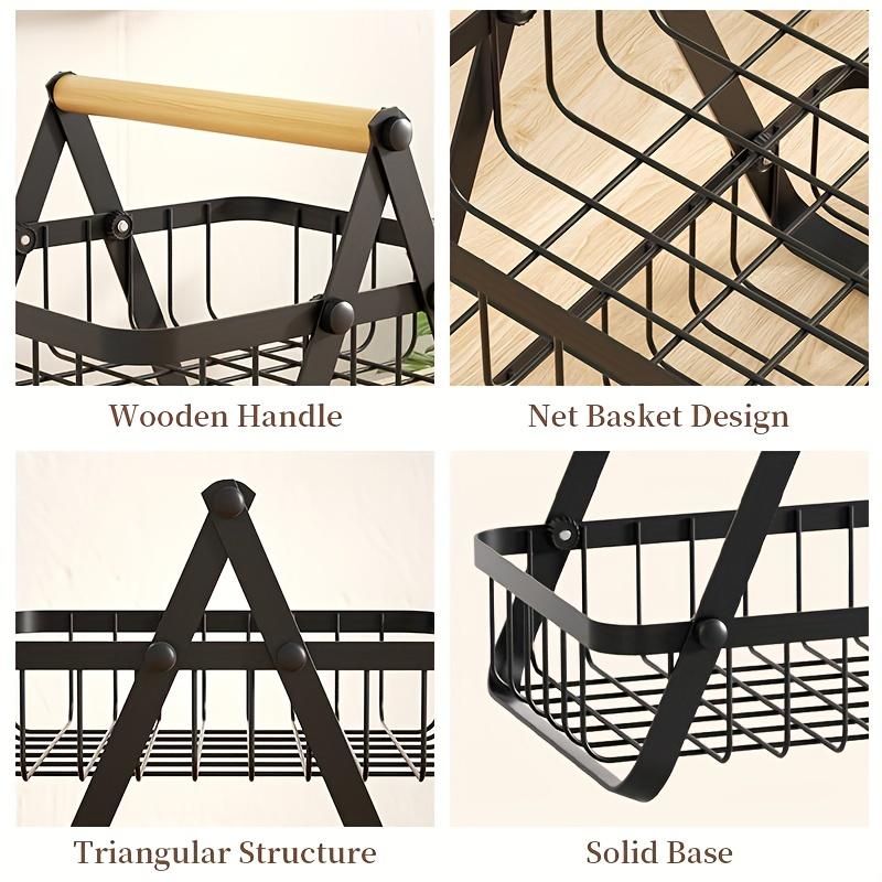 1pc 2/3 Tiers Storage Basket Countertop for Bathroom, Basket Bowl Stand Detachable Metal Wire Basket with Wooden Handle for Bathroom Storage Rack