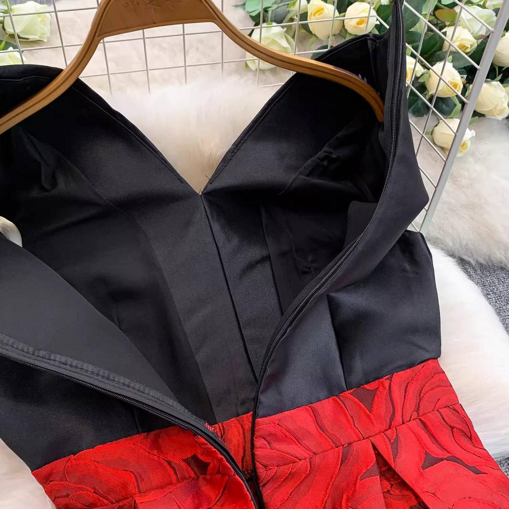 Elegant Women Contrast Color High Waist Evening Dress Beautiful Chic Jacquard Waist-cinching A-line  Spring New Women DRESS