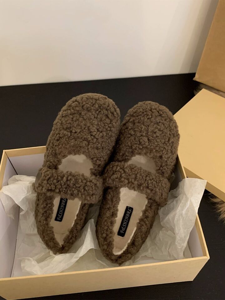 Flat-bottomed Versatile Mary Jane Fluffy Shoes Women's Shoes Wear 2025 New Autumn and Winter Foreign Style Velvet Cotton Shoes Single Shoes