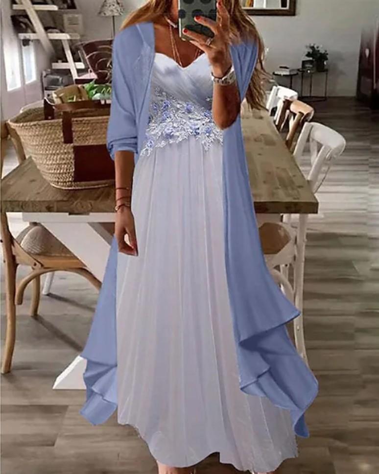 Women's Teal Lace Maxi Dress with Matching Cardigan for Casual Wear