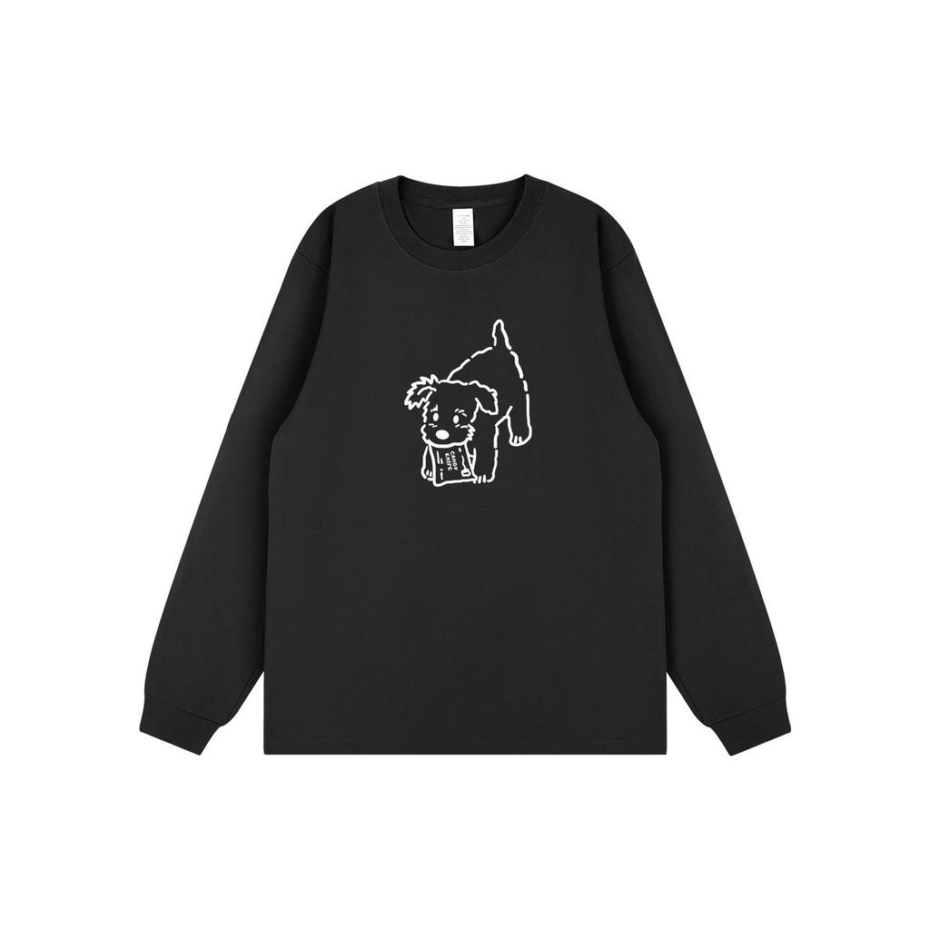 Korean Style Cute Cartoon Puppy Print Retro Cuffed Long Sleeve Couple T-Shirt - Pure Cotton Top