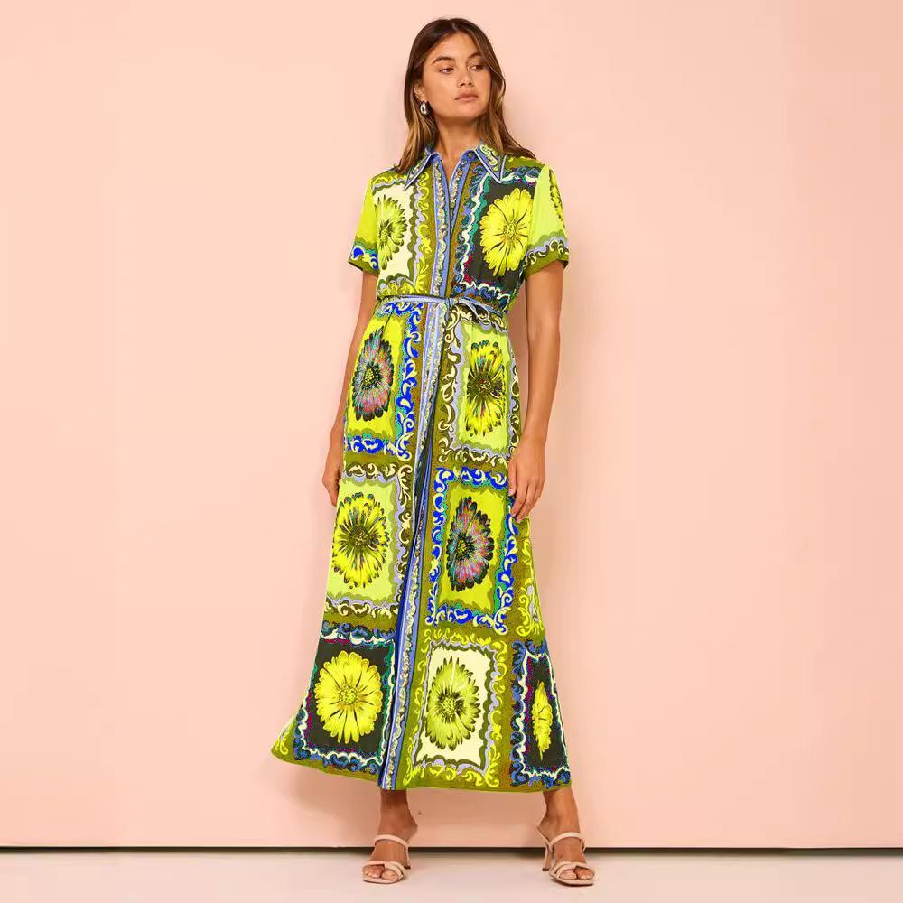 Women's Summer Vacation Style Exaggerated Fashion Printed Lace-up Cardigan Extra Long Dress Women