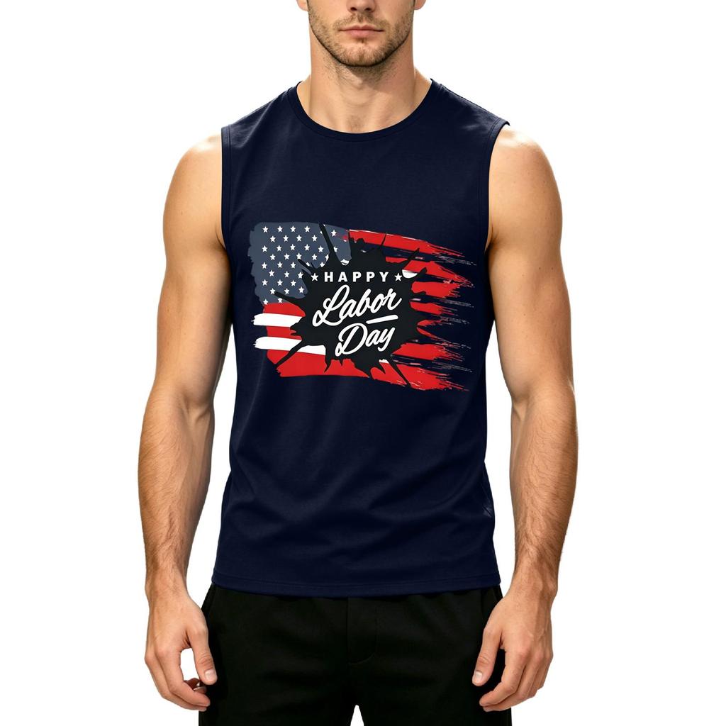 Men's Sleeveless Casual Tank Top Labor Day Printed Muscle Shirt Crew Neck Summer Workout Tee