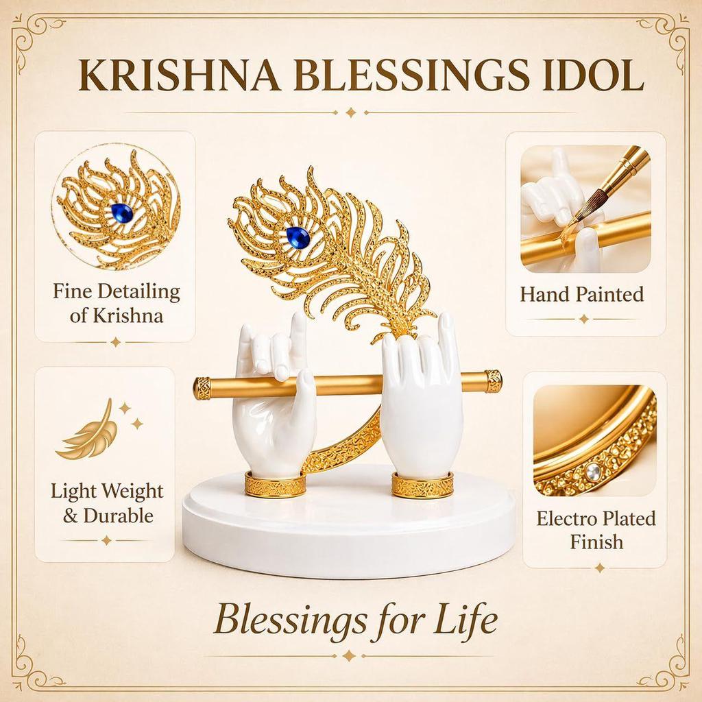 Goldplated Krishna Hand with Flute Idol Peacock Feather Mor Pankh Showpiece,Housewarming Gift, Birthday Wedding Anniversary Janmashtami Gift
