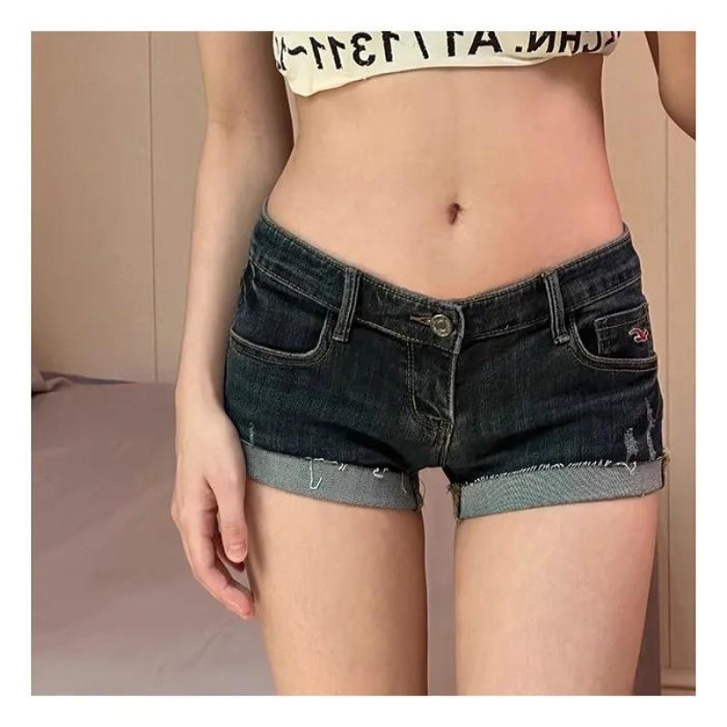 Womens Low Rise Denim Shorts High Stretch Slim Fit Cropped Hot Pants With Rolled Hem Small