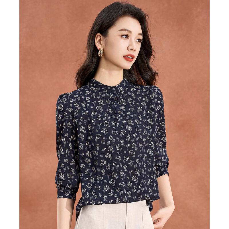 Elegant French Camellia Print Long-Sleeve Blouse M