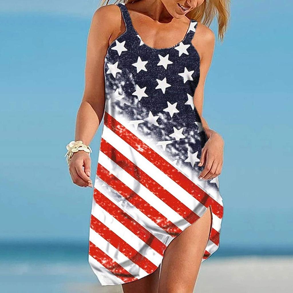 Sleeveless Casual Tank Dress for Women Knee Length Summer Dress with Star Print Comfortable Loose Fit