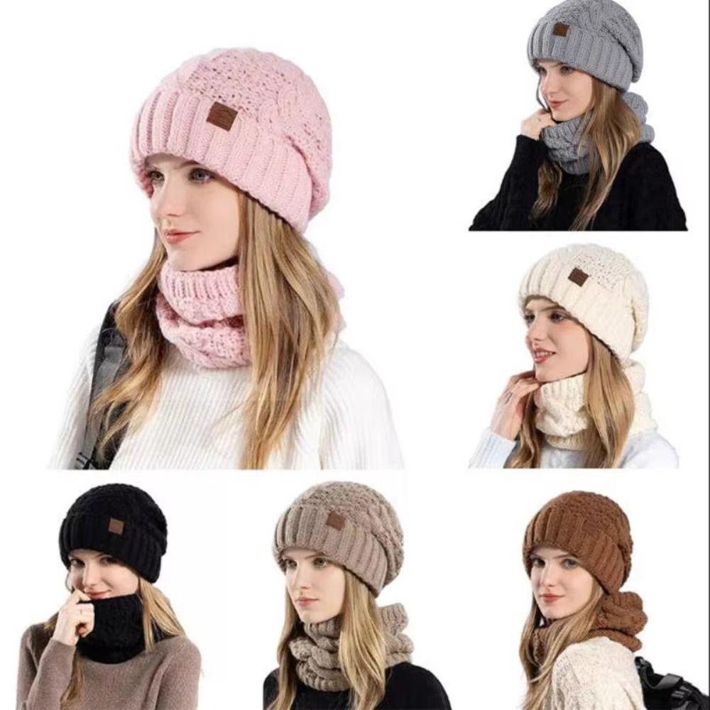 Fleece Lined Winter Beanie Hat Scarf Set Soft Warm Wool Hat Thermal Knit Cap  Skiing