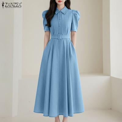 Damen Freizeit Elegantes Langes Kleid mit Umlegekragen und Kurzen Ärmeln