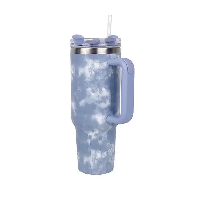 Thermosflasche aus Edelstahl mit Batikmuster, Kaffee-Strohhalm-Tasse, 40 oz, Becher mit Griff, Trinkgeschirr, Reise-/Autobecher, Thermoskanne