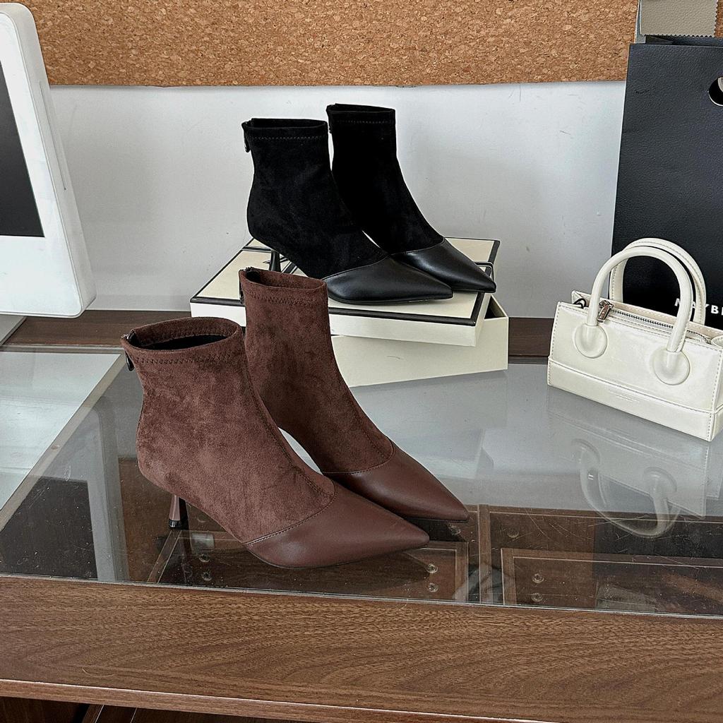 2025 new pointed high heel suede splicing zipper low tube thin fashion Chelsea Martin boots women