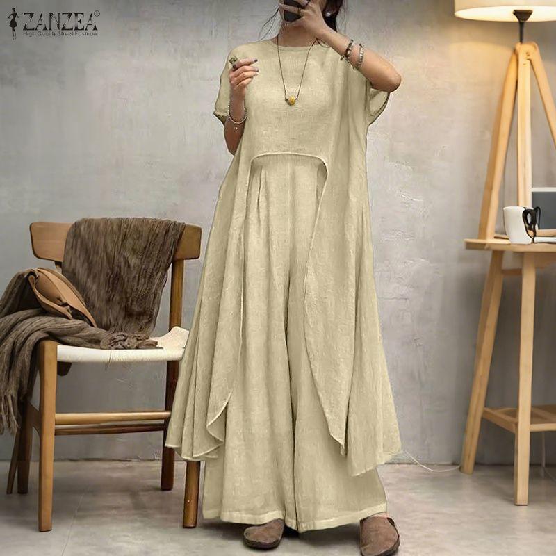 ZANZEA Women Short Sleeve Irregular Hem Blouse and Pants Summer Two Piece Suit Sets