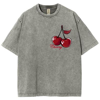 Cherry Print Wash Women's T-Shirt Oversized Loose Retro Short Sleeve Unisex Sweet Casual Fashion Top Base Tee