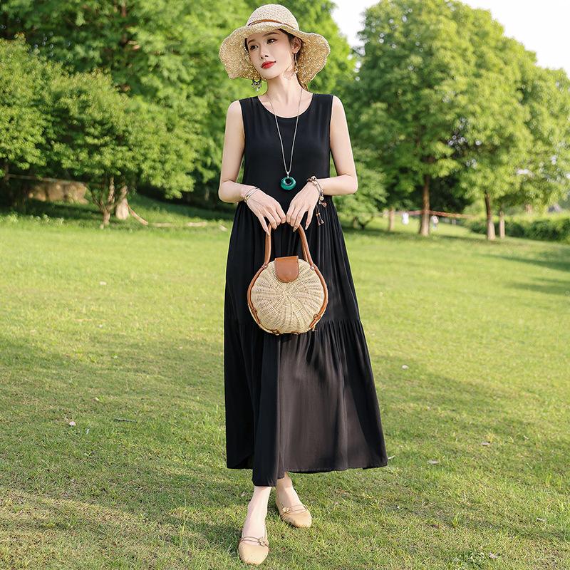 

Summer cotton and silk dress new outer wear young suspender beach dress women s sleeveless vacation skirt elegant long dress 5xl recommended [155-170] pounds чорний