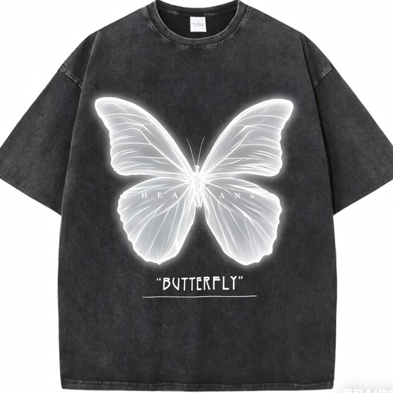 Vintage gewaschenes T-Shirt mit Schmetterlingsdruck BUTTERFLY Textgrafik Lässige Streetwear Unisex Baumwoll-T-Shirt